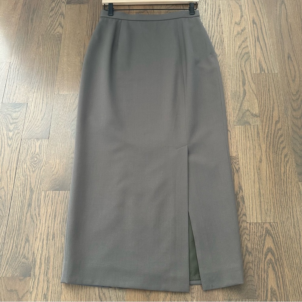 Vintage Designer High Waist Midi Wool Pencil Skirt in Dusty Grey Olive 8 / M - Picture 6 of 9